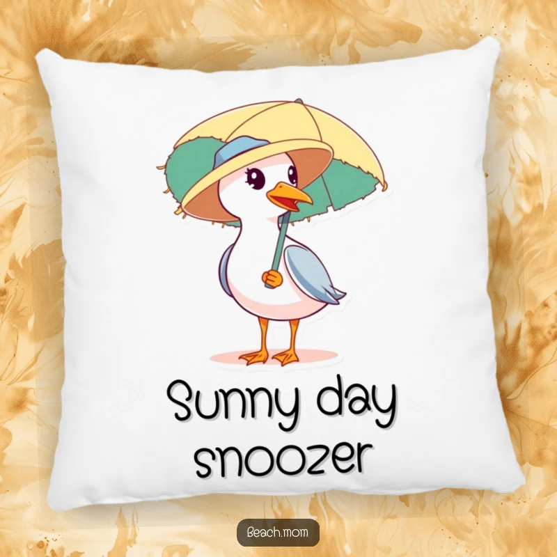 Funny pillow featuring a seagull wearing a straw hat and carrying a beach umbrella, a comfortable and humorous beach-themed decor item.