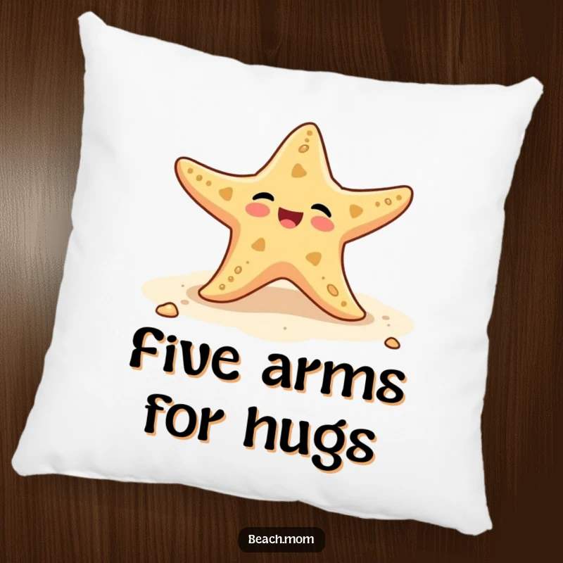Funny pillow featuring a starfish wiggling its arms on the beach, perfect for adding comfort and a smile.