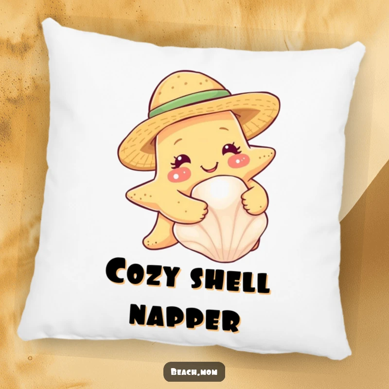Funny starfish with a straw hat, hugging a seashell, on a soft, decorative pillow.