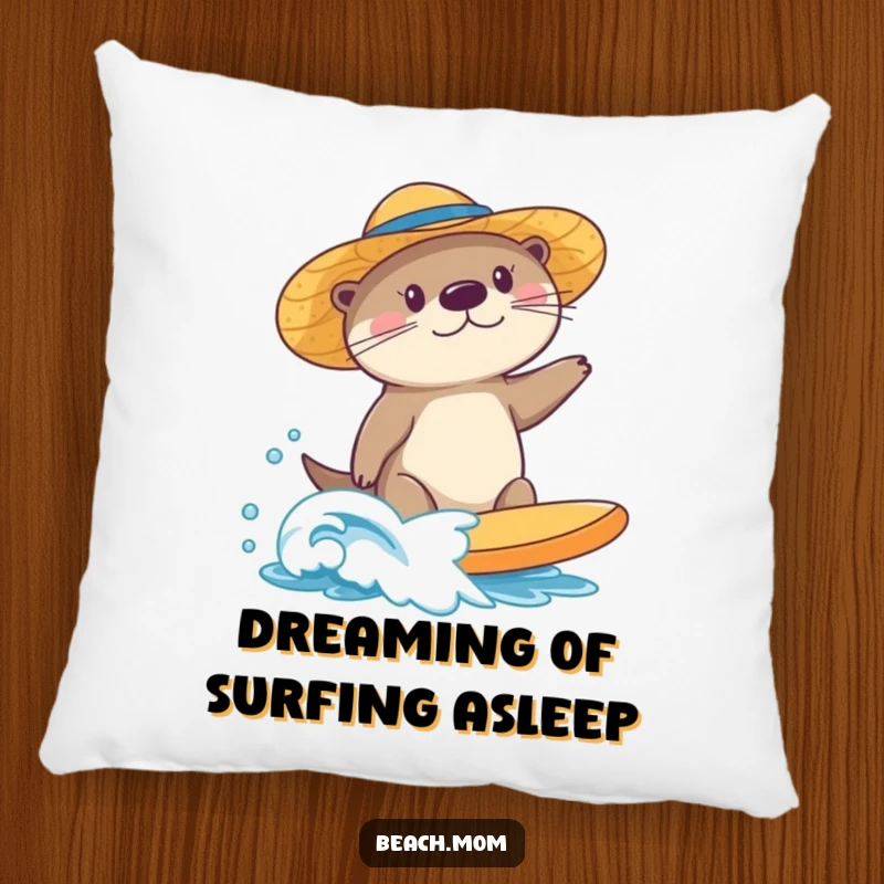 Funny sea otter pillow, wearing a sun hat, surfing a small wave, a soft accent of marine humor and beachy fun.