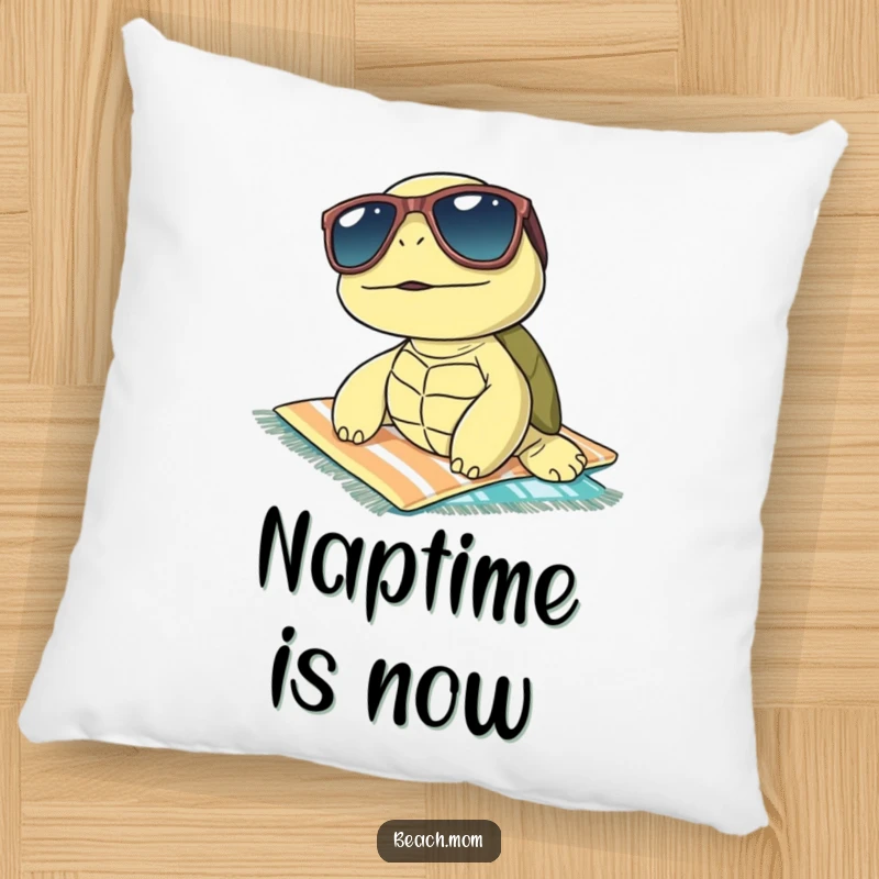 Funny sunbathing turtle wearing sunglasses on a towel, depicted on a soft pillow, bringing beachy humor indoors.