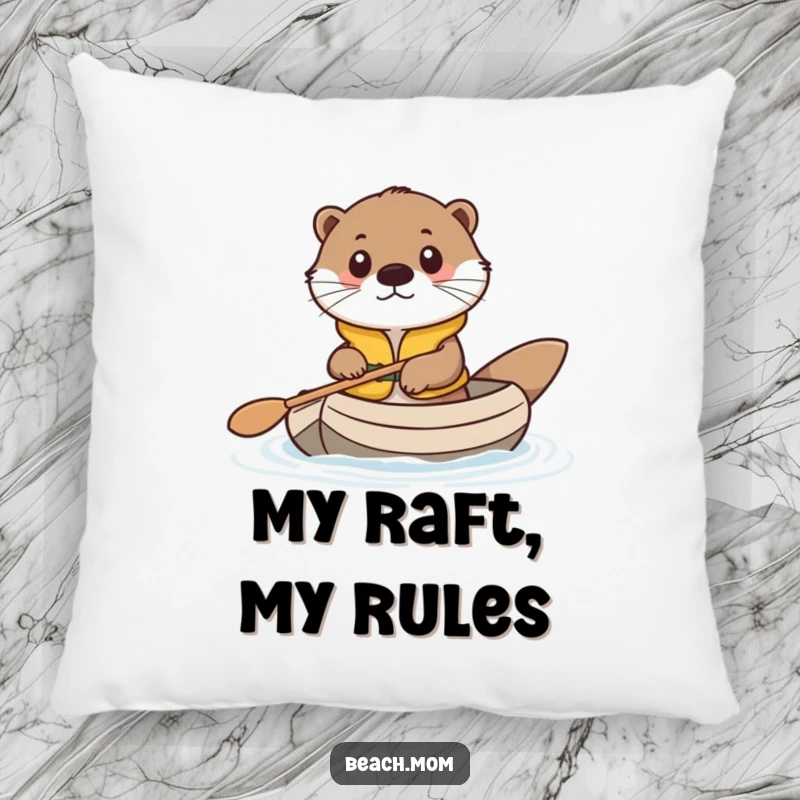 Funny pillow featuring a cute otter in a life vest, floating on a small raft, offering comfort and a humorous touch.