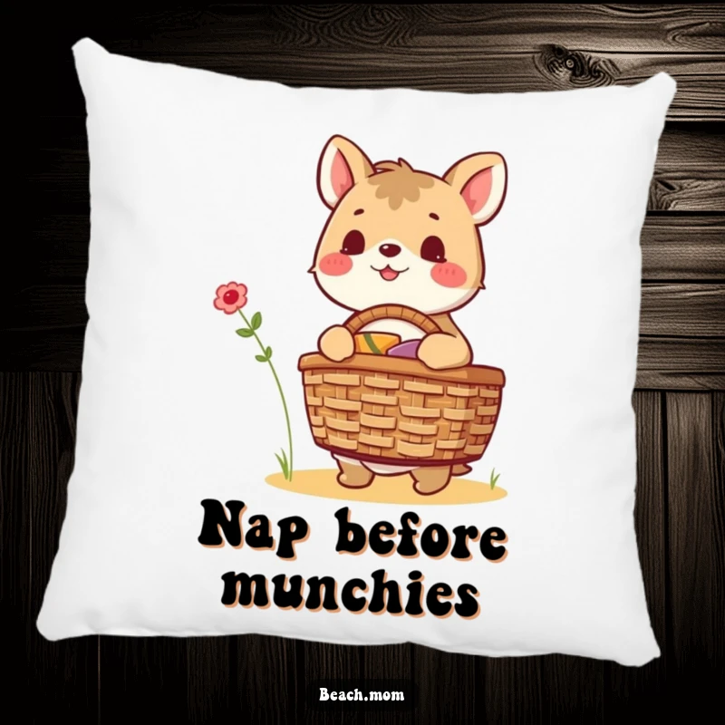 Funny animal character with a picnic basket, expressing pure joy and excitement for a planned outdoor meal, ideal for a comfy pillow.