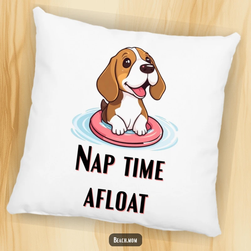 Funny Basset hound pillow featuring a dog with small floaties happily paddling, offering cozy and humorous comfort.
