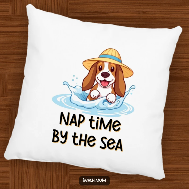 Funny Basset Hound pillow showing a dog in a sun hat gleefully splashing in a small ocean wave, adding comfort and humor.