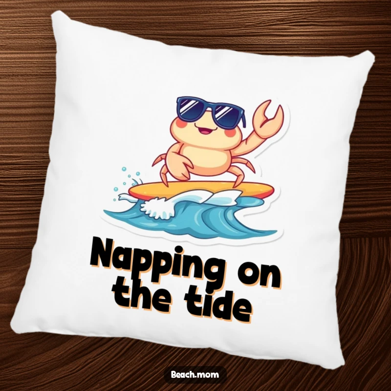 Funny surfing crab pillow with a cool crab in sunglasses riding a wave, perfect for seaside decor, a humorous and comfortable cushion.