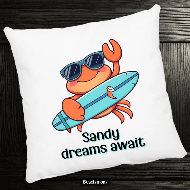 Funny crab pillow showing a cool crab with sunglasses and a surfboard, offering humorous beachy comfort and style.