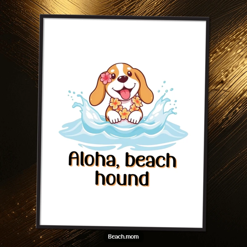 Funny Basset hound digital art print of a dog with a lei joyfully splashing in waves, perfect for instant beach decor.