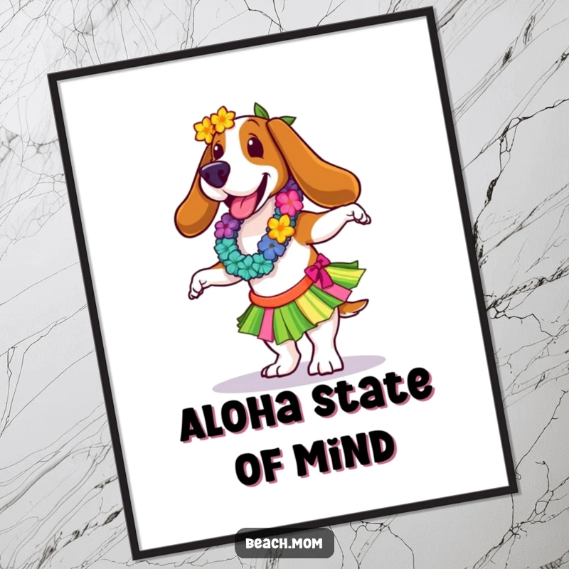 Funny Basset Hound digital art of a hula dancer in a lei and skirt, bringing tropical energy and humor to your walls.