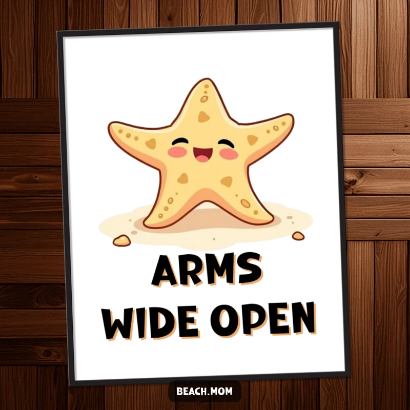 Funny digital art of a starfish wiggling its arms on a sandy beach, ready to be printed.