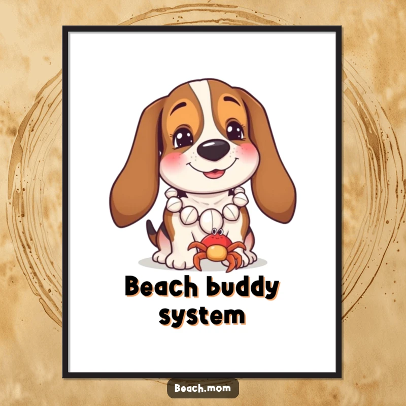 Funny Basset Hound digital art print of a dog with a seashell necklace smiling at a tiny crab, ideal for humorous coastal decor.