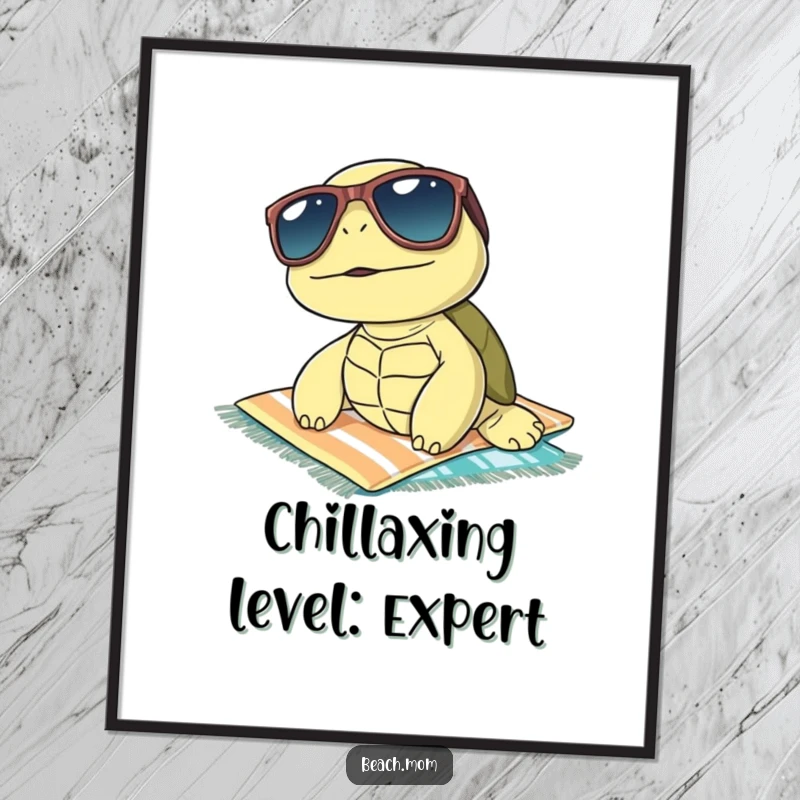 Funny turtle with cool sunglasses sunbathing on a beach towel, high-resolution digital art print, radiating laid-back humor.