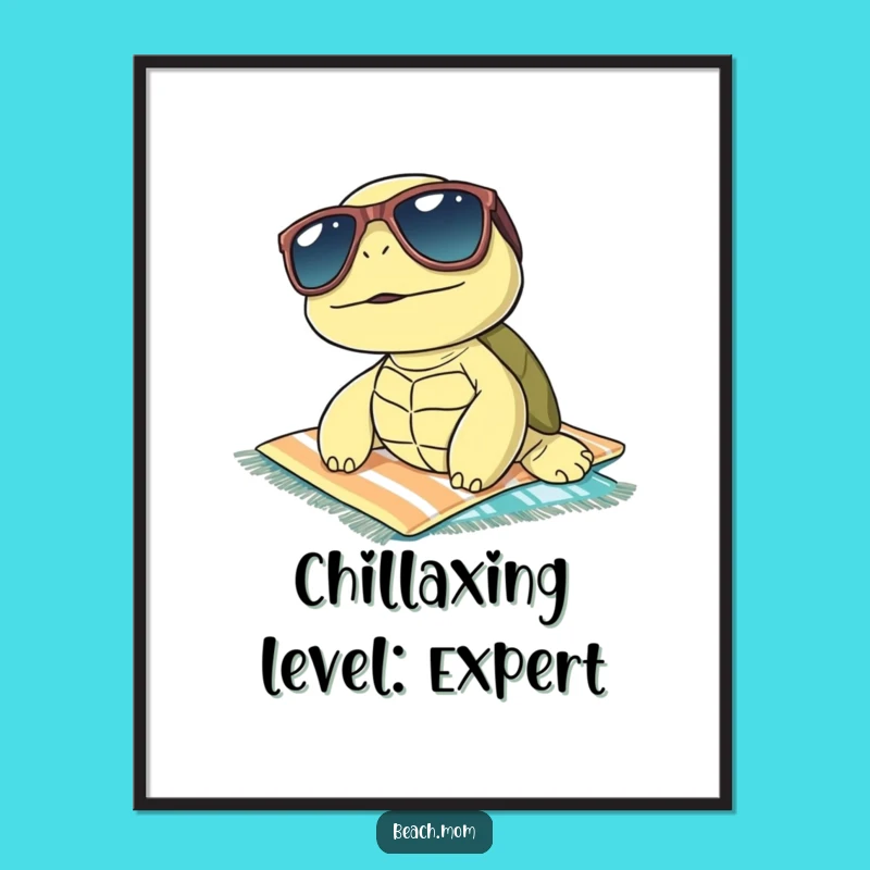 Funny Turtle Sunbathing Digital Art: Instant Download Cool Beach Wall Decor