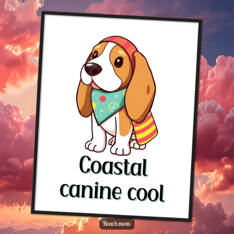 Funny Basset Hound digital art print of a dog in a bandana with a beach bag, ideal for a humorous wall display.