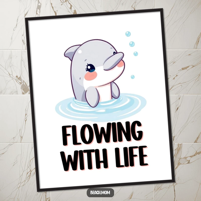 Funny dolphin peeking from the water, blowing a stream of bubbles, as a digital art print.