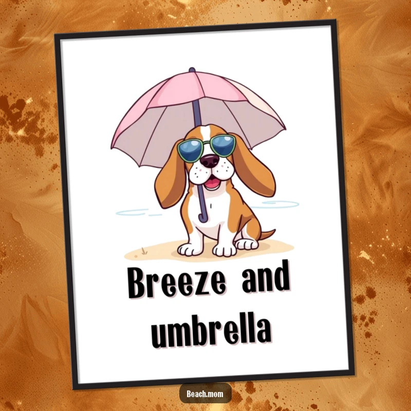 Funny Basset Hound digital art capturing a dog under a tiny umbrella, enjoying the beach breeze, perfect for calming decor.