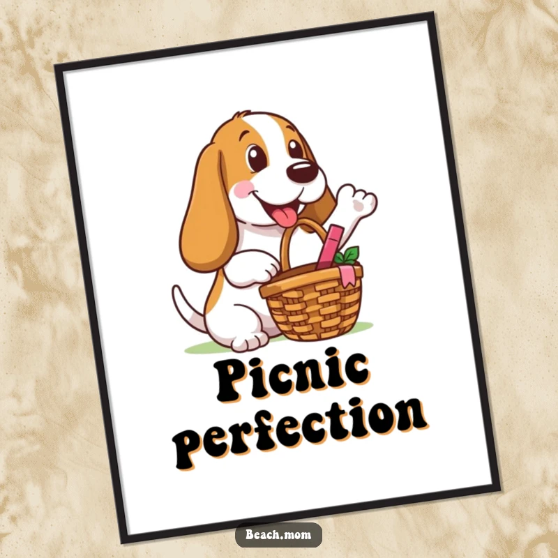 Funny Basset Hound digital art capturing a dog with a picnic basket, offering a happy gesture, perfect for outdoor-themed decor.