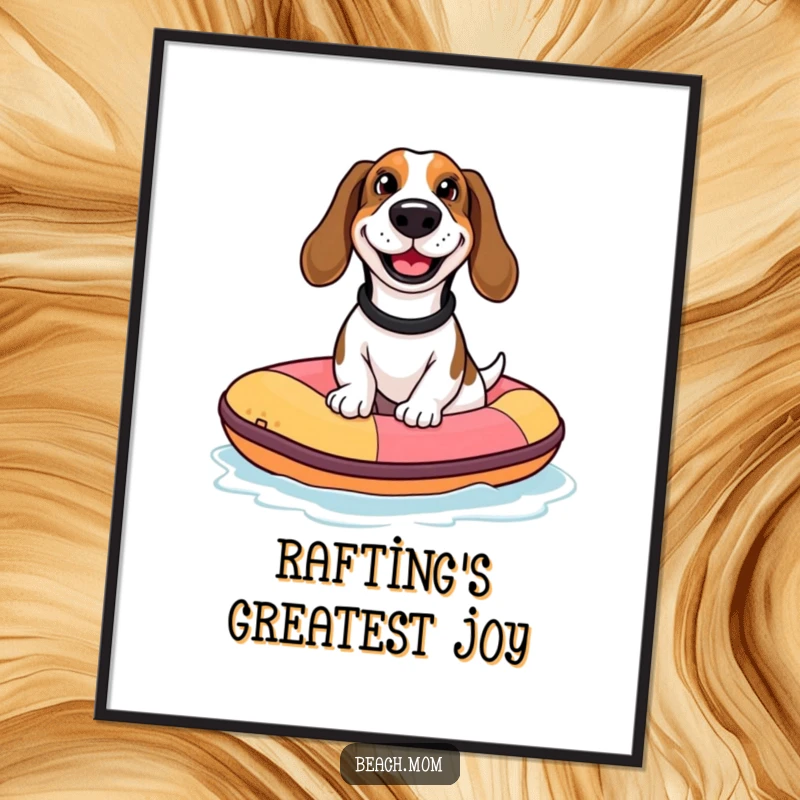 Funny Basset Hound digital art print of a dog with a goofy grin riding a tiny inflatable raft, ideal for humorous water decor.