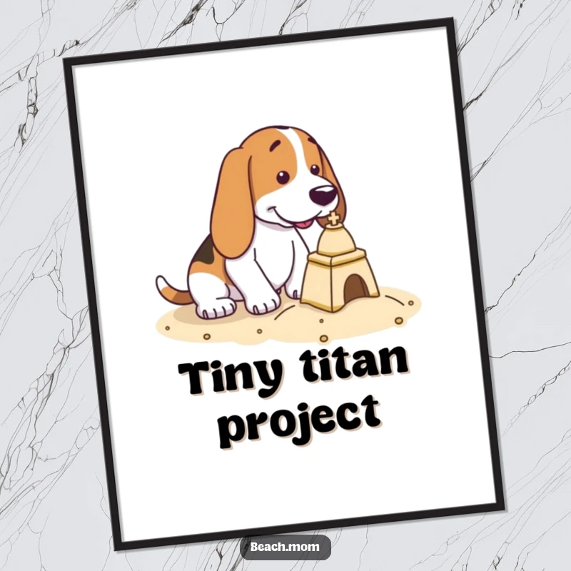 Funny Basset Hound digital art print of a dog with intense focus, meticulously building a tiny sandcastle.