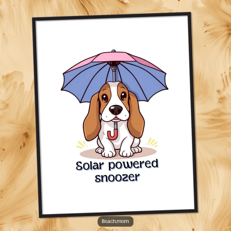 Funny Basset Hound digital art print of a dog using a small umbrella for shade, ideal for humorous summer decor.