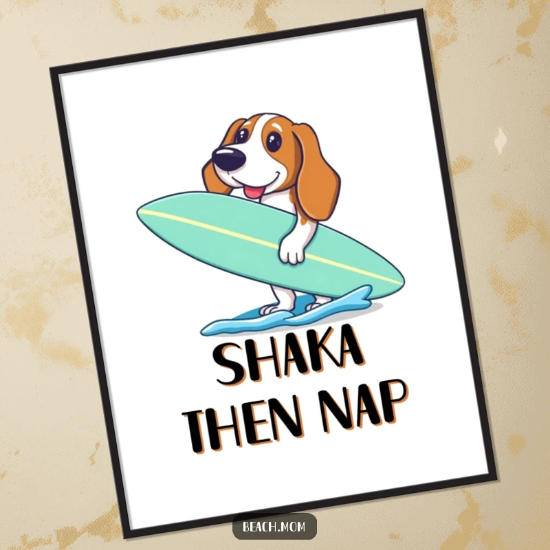 Funny Basset Hound digital art print of an excited dog holding a surfboard, ready to paddle, capturing surf excitement digitally.