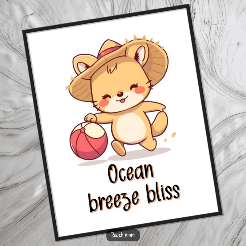 Funny digital art print: An energetic animal character wearing a straw hat is mid-chase with a beach ball, full of joy.