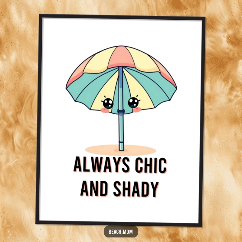 Funny beach umbrella with eyes, wiggling happily, downloadable digital art print.
