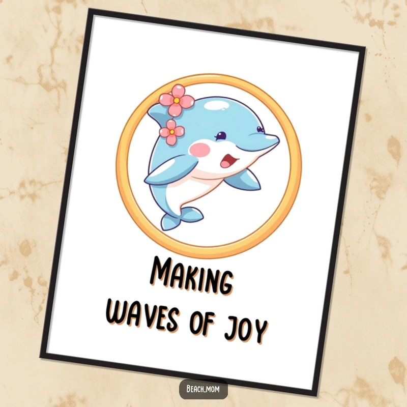 Funny dolphin with a flower, jumping through a hoop, downloadable digital art print.