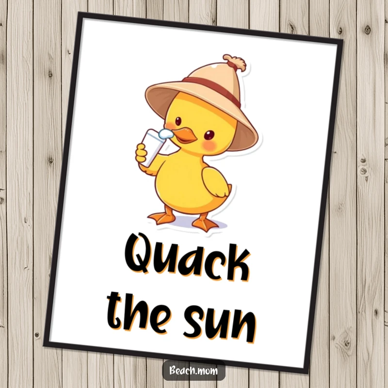 Funny digital art print of a duck wearing a sun hat and applying sunscreen to its nose, an amusing illustration for instant download.
