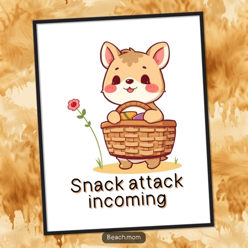 Funny excited animal character packing a picnic basket, radiating happiness and anticipation, printable digital art for home decor.