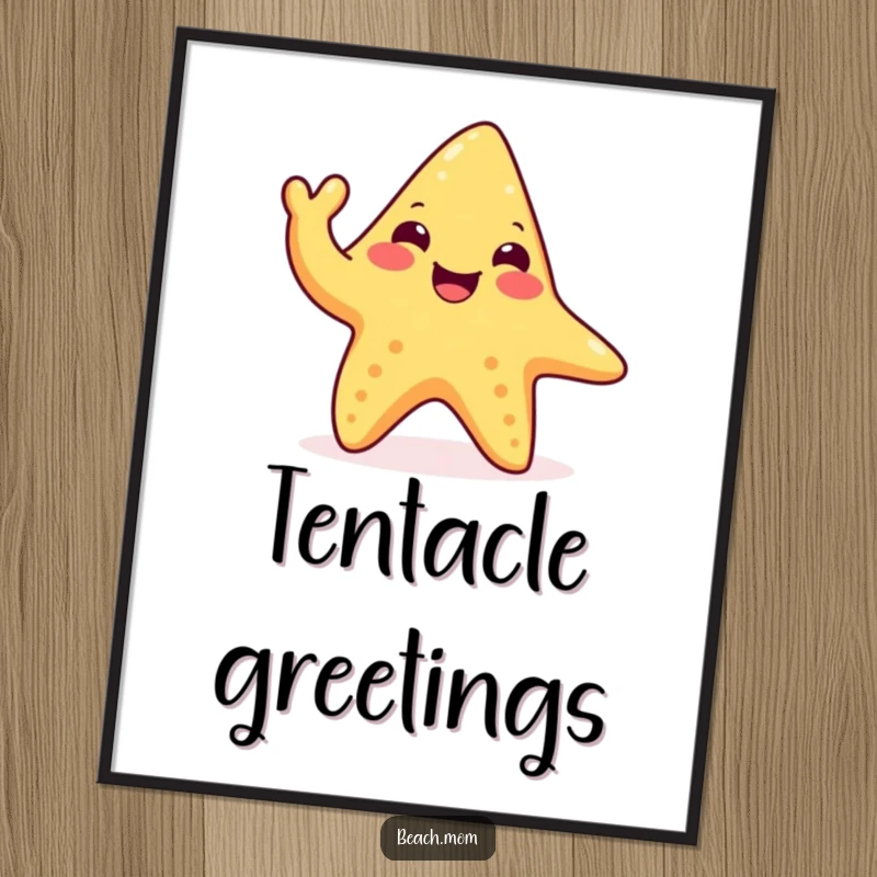 Funny happy starfish digital art print with a waving tentacle, ideal for instant download and ocean-themed decor, a humorous piece.