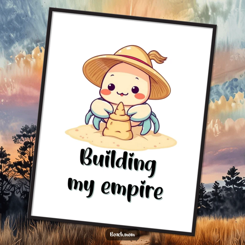 Funny Kawaii Crab Digital Art Print: a cute crab wearing a sun hat focused on building a sandcastle, vibrant and cheerful.