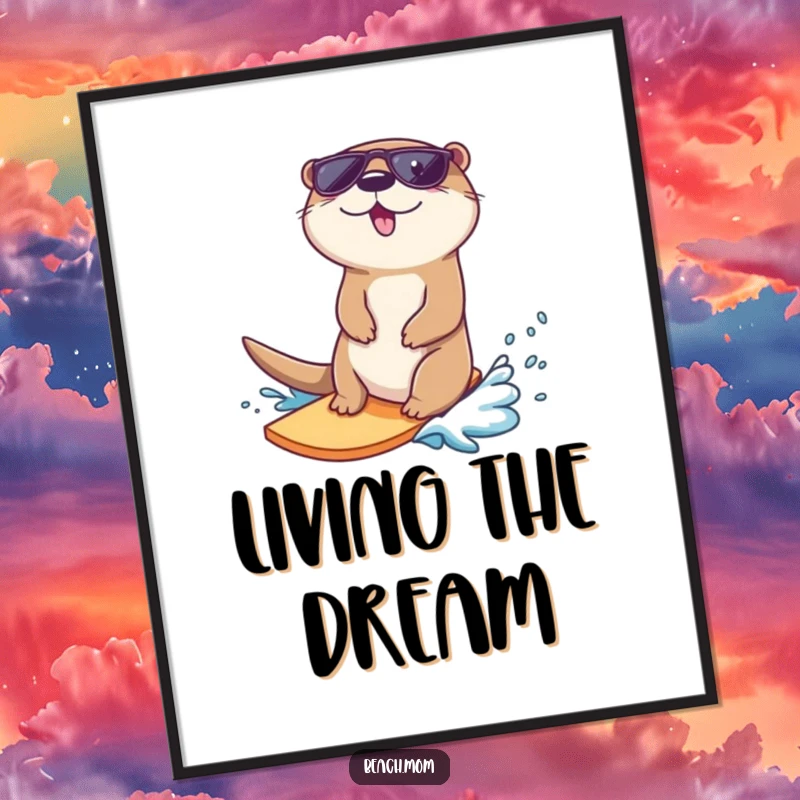 Funny otter digital art print, a cool otter in sunglasses surfing a wave, for instant decor.