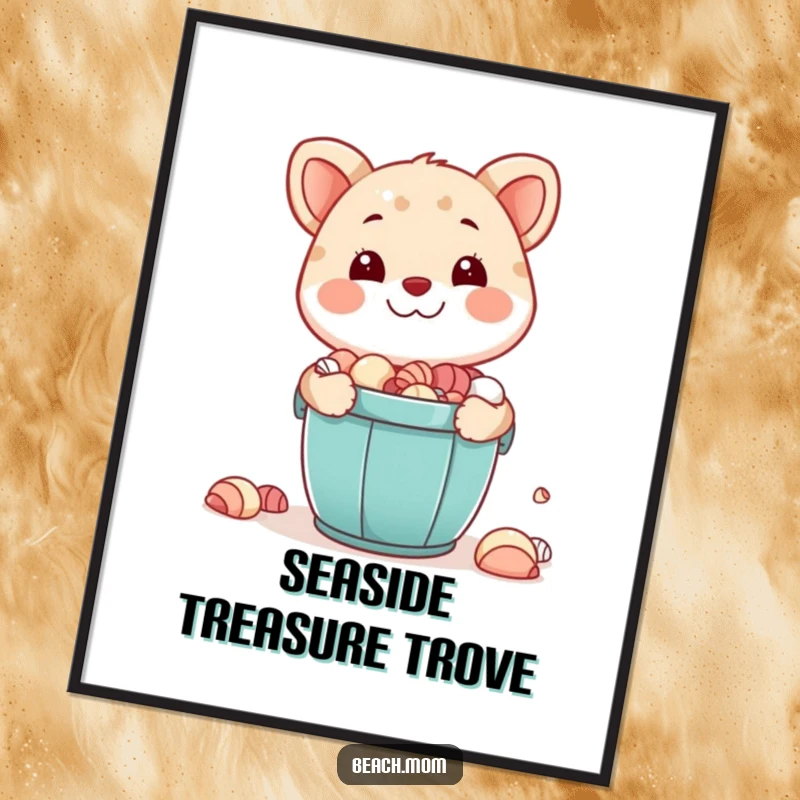 Funny digital art print: A happy animal character beams with pride holding a bucket full of seashells, celebrating beach treasures.