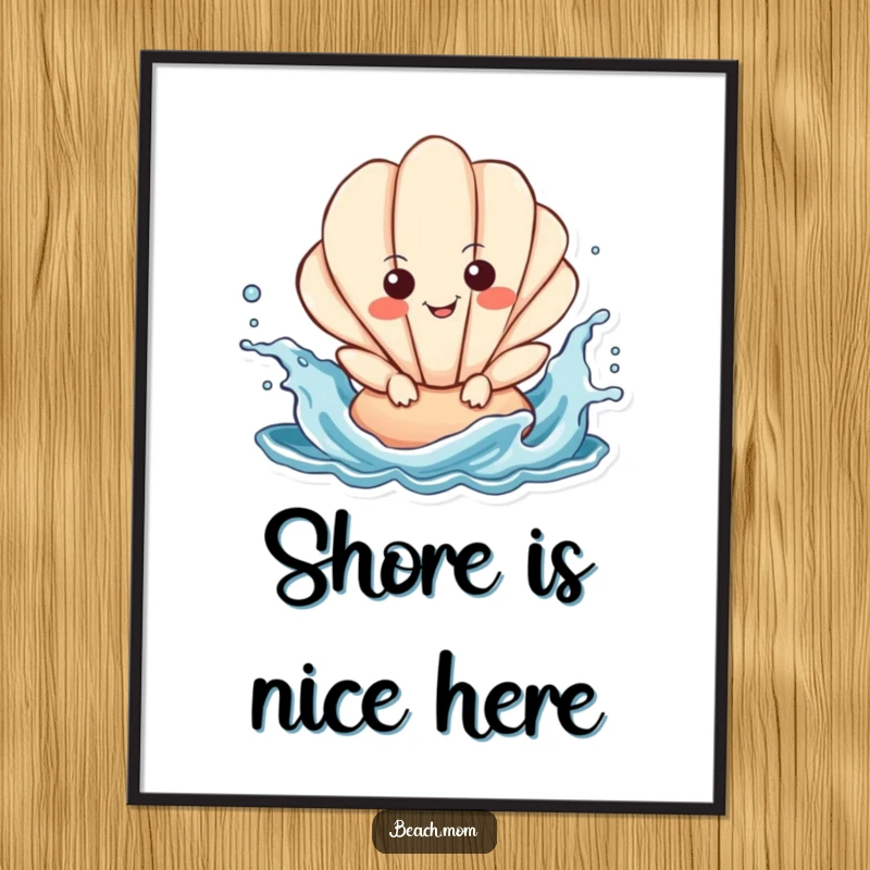 Funny Seashell Digital Art Print: a smiling seashell character energetically splashing in stylized ocean waves, full of life.