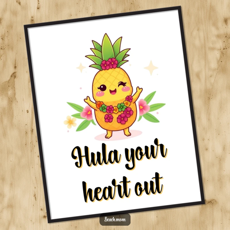 Funny Kawaii pineapple digital art print, cartoon character in a lei dancing the hula, tropical wall art.
