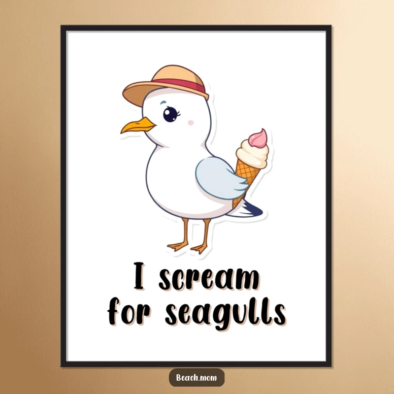 Funny digital art print of a seagull in a hat, holding an ice cream cone, ready to be printed and framed.