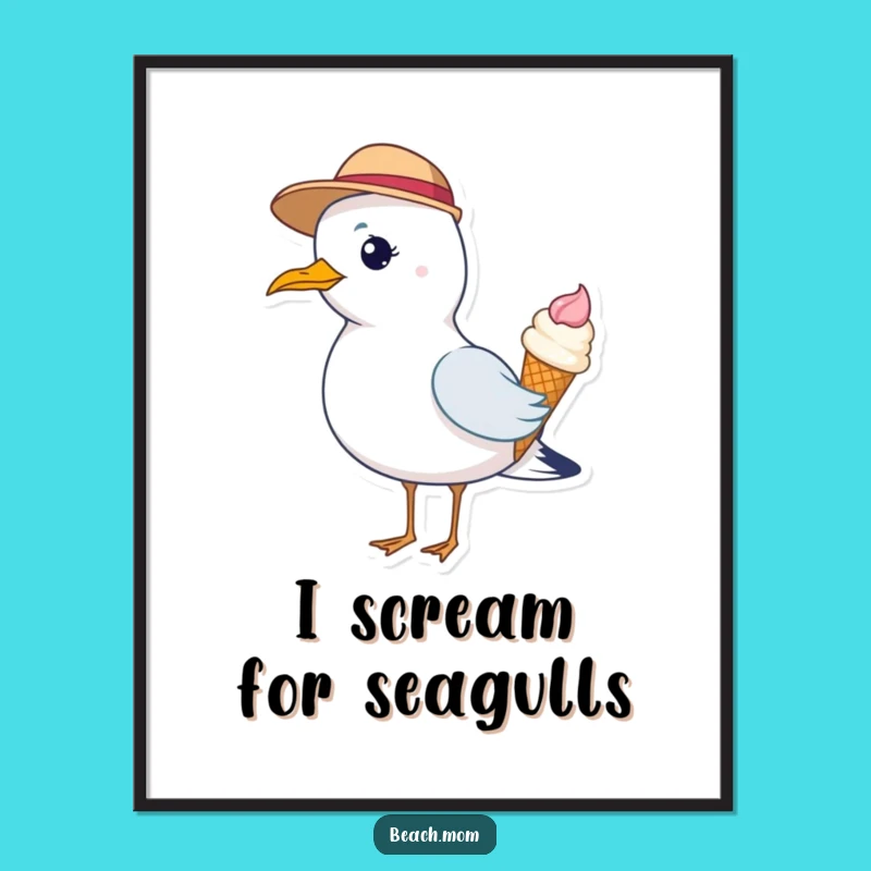 Funny Seagull Digital Art Print: Whimsical Hat Ice Cream Gift!