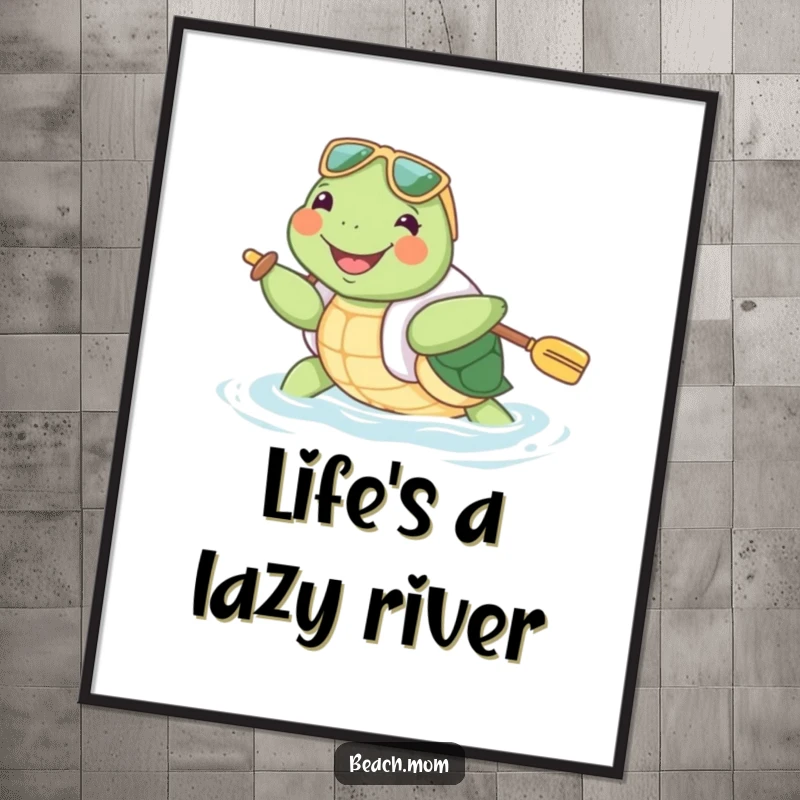 Funny Turtle Digital Art: A joyful turtle in a floatie paddles enthusiastically, offering instant, humorous aquatic wall decor.