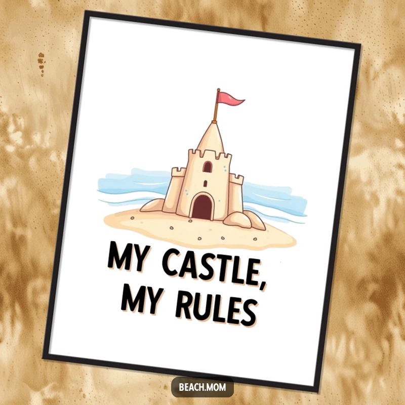Funny digital art of a cheerful sandcastle waving a flag at the ocean, ready to be printed and enjoyed.