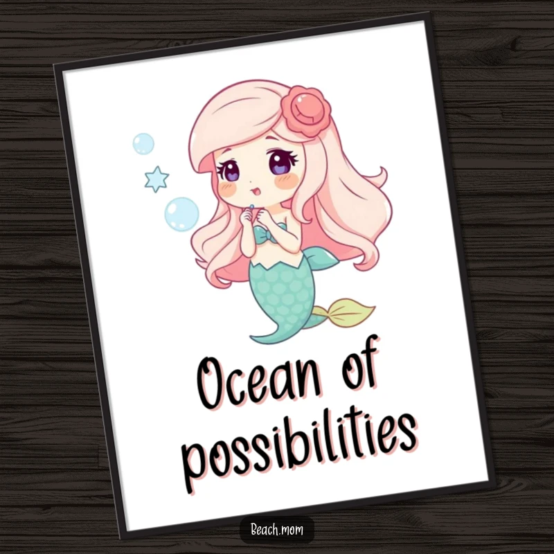 Funny digital art print of a happy mermaid with shell accessories blowing bubbles, perfect for enchanting wall decor.
