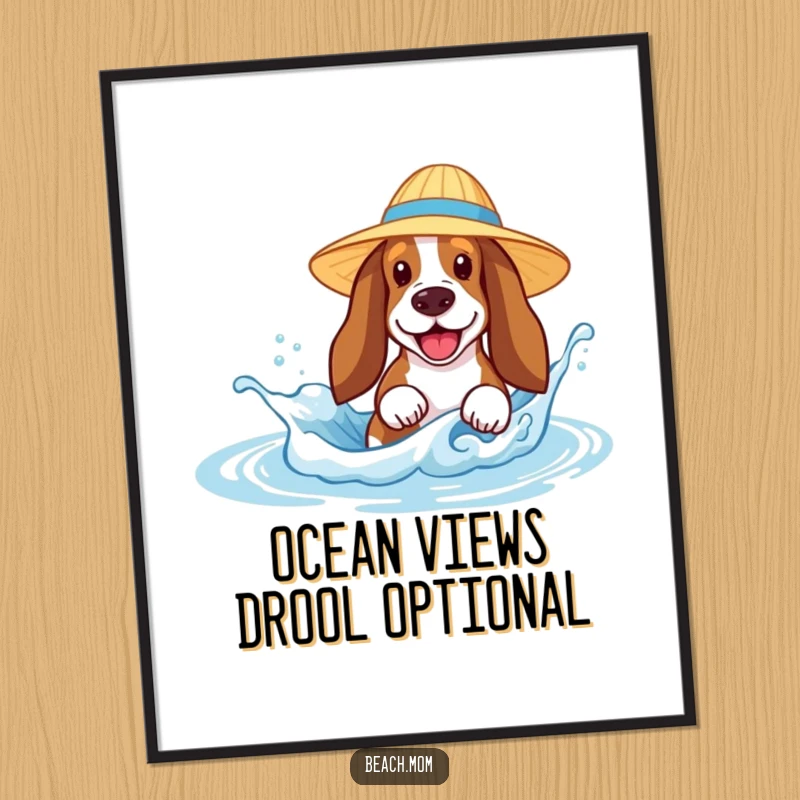 Funny Basset Hound digital art print of a dog in a sun hat joyfully splashing in a tiny wave, capturing pure beach happiness digitally.