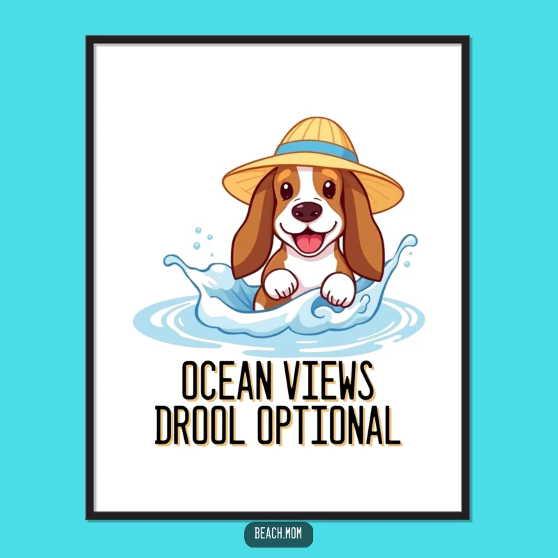 Funny Basset Hound Splash Digital Art - Joyful Beach Dog Print