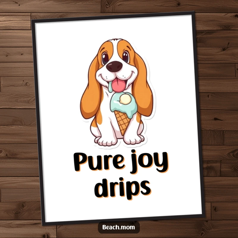 Funny Basset Hound digital art capturing a dog’s ecstatic expression while eating a melting ice cream cone, pure delight.
