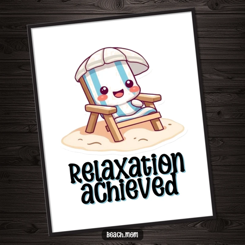 Funny beach chair digital art print, cartoon character sinking into sand, happy and relaxed coastal decor.