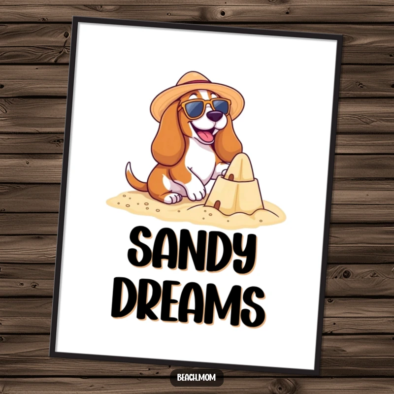 Funny Basset Hound Beach Digital Art Print: A happy Basset hound builds a sandcastle, bringing beachy fun, a funny gift.
