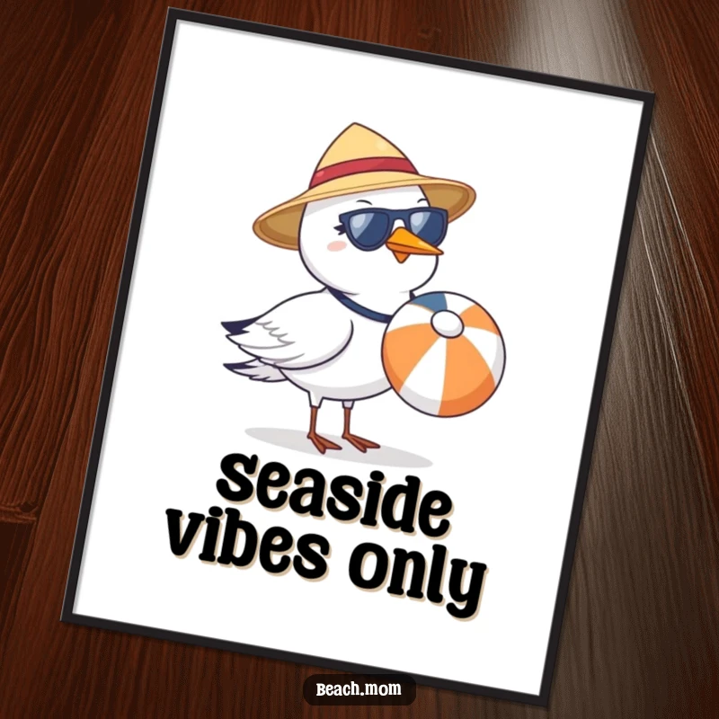 Funny seagull with sun hat and sunglasses, carrying a beach ball, downloadable digital art print.