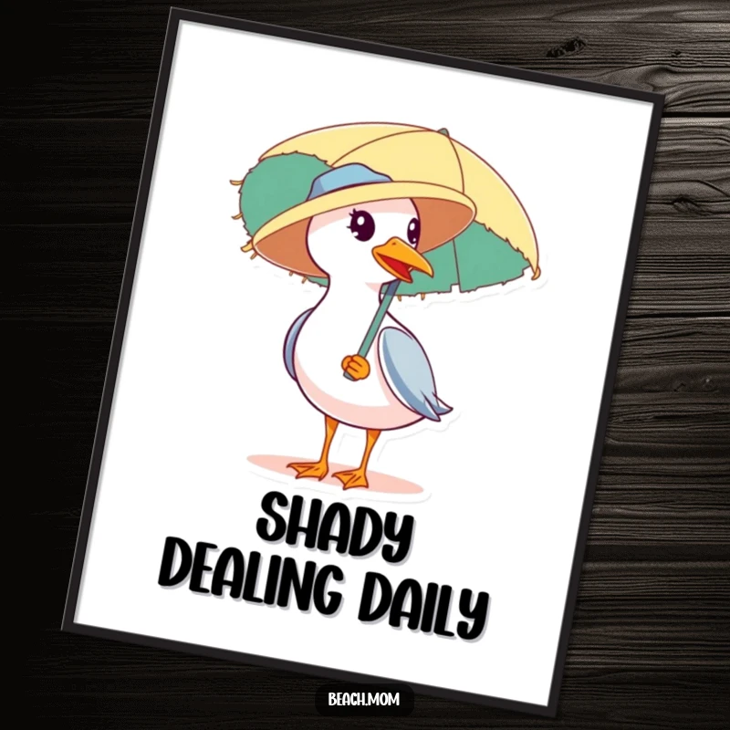 Funny digital art print of a seagull wearing a straw hat and carrying a beach umbrella, a humorous and charming coastal illustration.