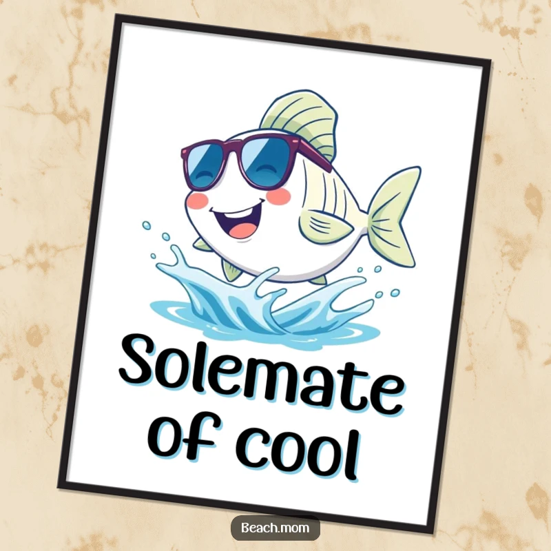 Funny fish digital art print, showing a smiling fish wearing sunglasses and splashing joyfully in a small wave, cool beach decor.