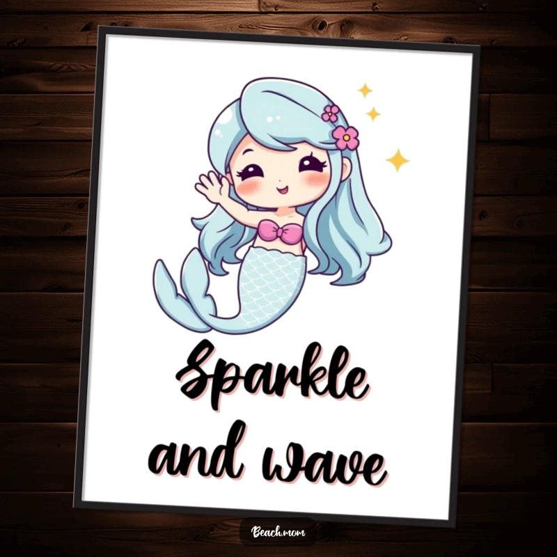Funny Kawaii mermaid digital art print, cute cartoon character with a glittery tail waving hello, enchanting wall art.